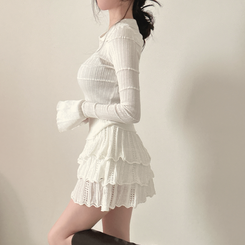 【SET着用可能】Vネック長袖トップス＋レースミニスカート WHITE