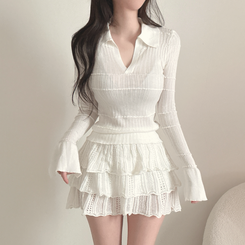 【SET着用可能】Vネック長袖トップス＋レースミニスカート WHITE