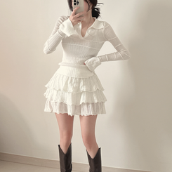 【SET着用可能】Vネック長袖トップス＋レースミニスカート WHITE