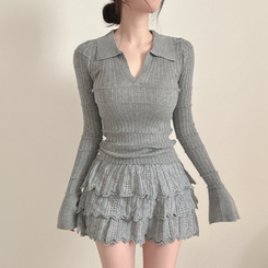 【SET着用可能】Vネック長袖トップス＋レースミニスカート GREY