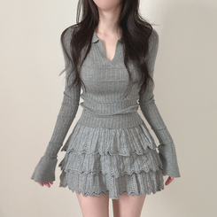 【SET着用可能】Vネック長袖トップス＋レースミニスカート GREY