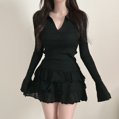 【SET着用可能】Vネック長袖トップス＋レースミニスカート BLACK