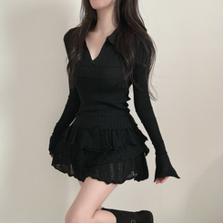 【SET着用可能】Vネック長袖トップス＋レースミニスカート BLACK