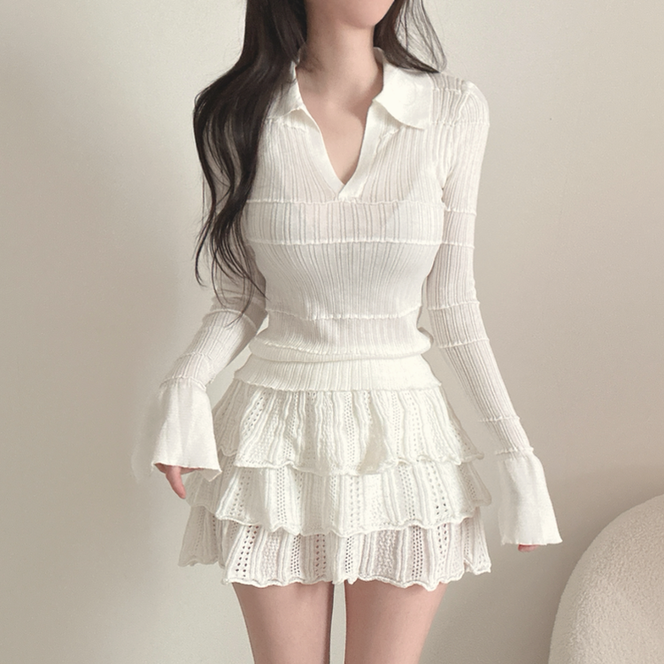 【SET着用可能】Vネック長袖トップス＋レースミニスカート WHITE