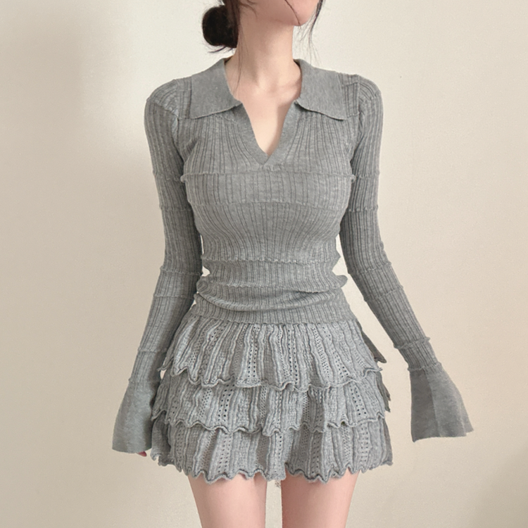 【SET着用可能】Vネック長袖トップス＋レースミニスカート GREY