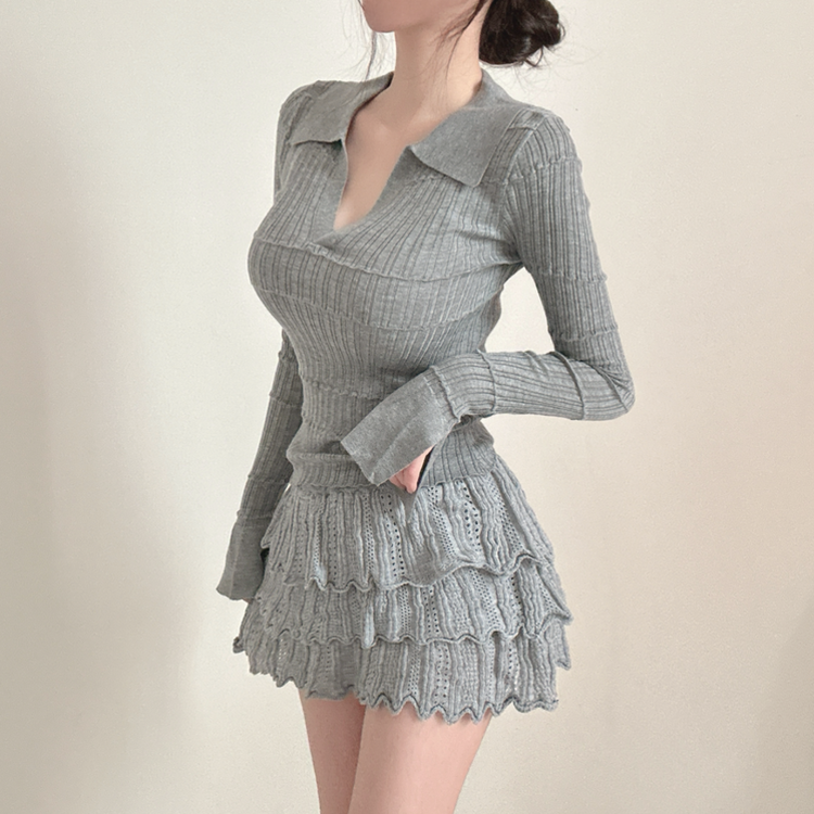 【SET着用可能】Vネック長袖トップス＋レースミニスカート GREY