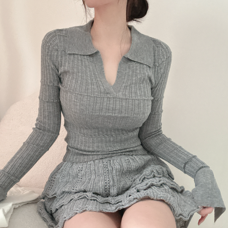 【SET着用可能】Vネック長袖トップス＋レースミニスカート GREY