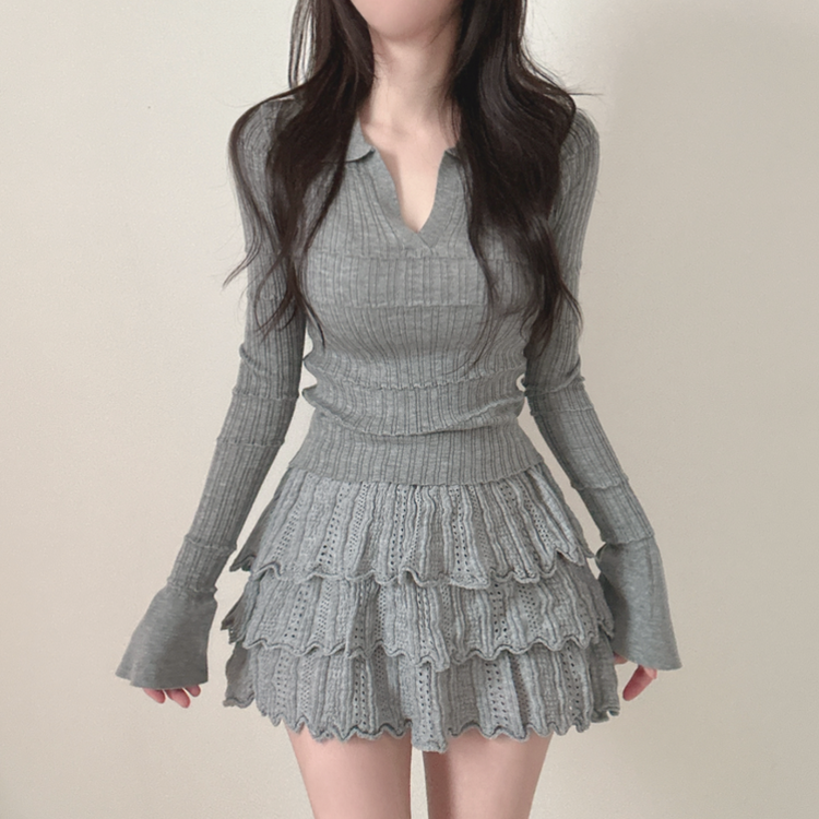 【SET着用可能】Vネック長袖トップス＋レースミニスカート GREY