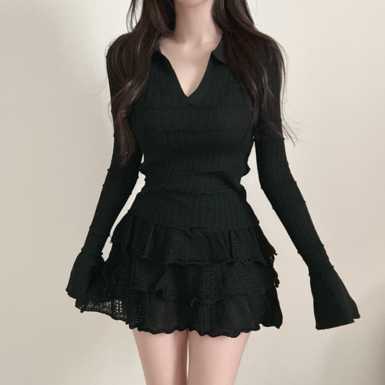 【SET着用可能】Vネック長袖トップス＋レースミニスカート BLACK