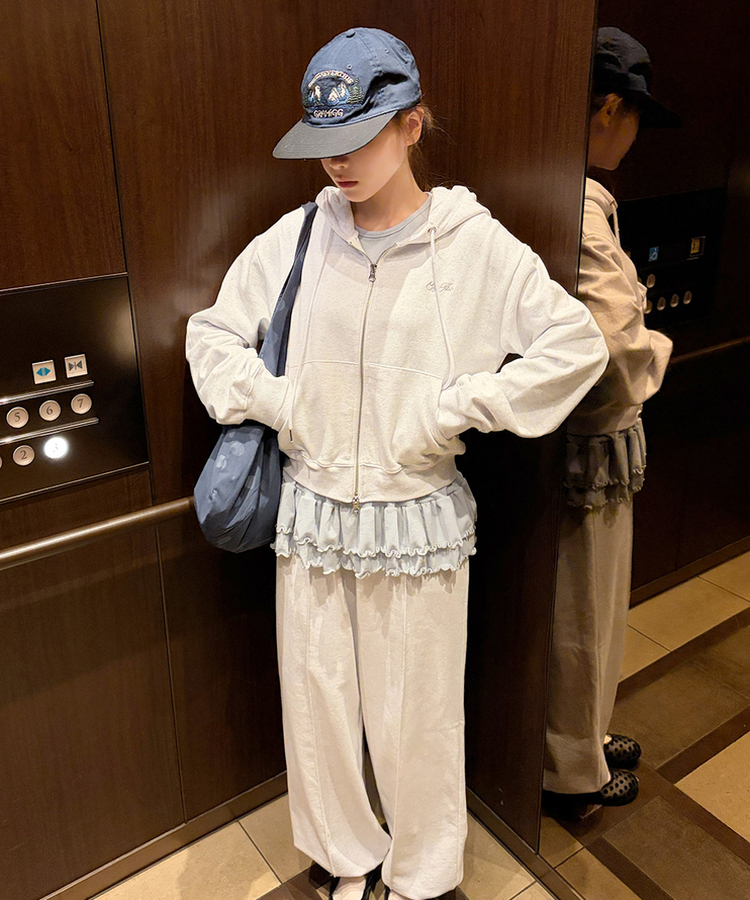 レタリング刺繍フードジップアップ WHITE MELANGE