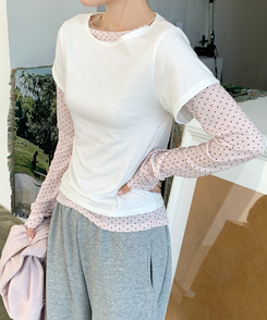 【SET】ドット長袖Ｔシャツ＋シンプル半袖Ｔシャツ IVORY