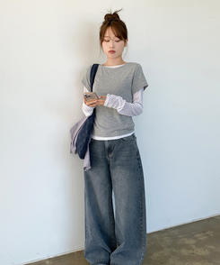 【SET】ドット長袖Ｔシャツ＋シンプル半袖Ｔシャツ MELANGE GRAY