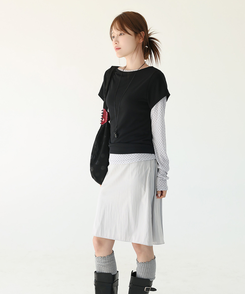 【SET】ドット長袖Ｔシャツ＋シンプル半袖Ｔシャツ BLACK