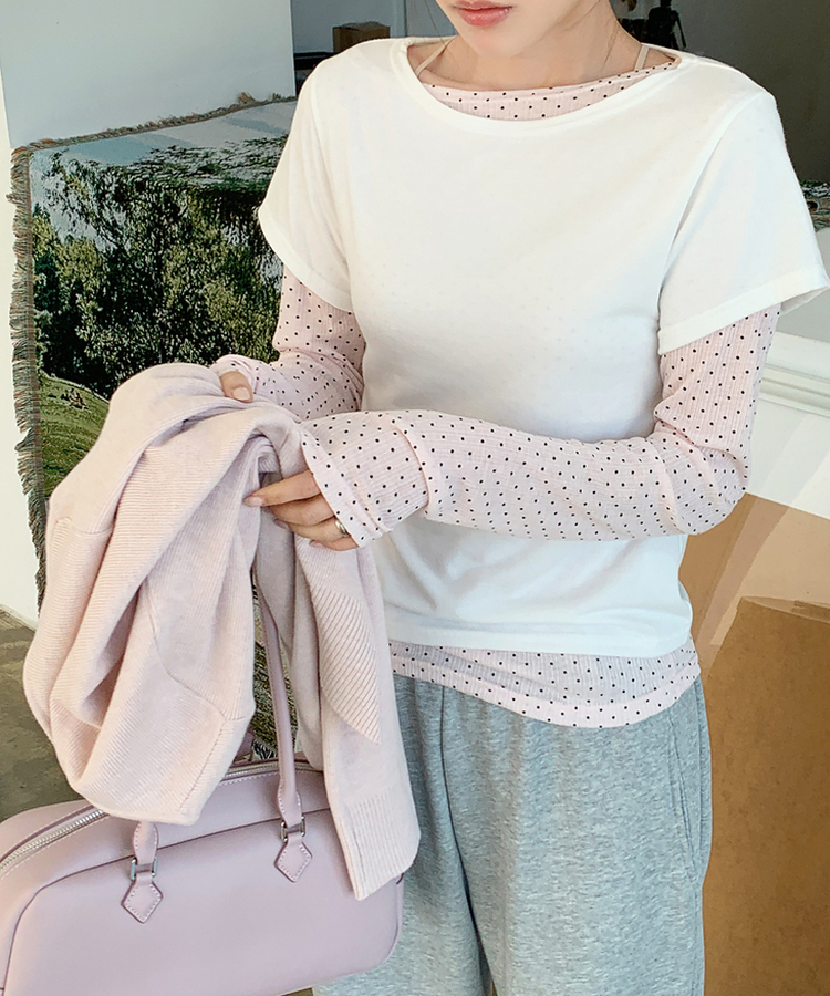 【SET】ドット長袖Ｔシャツ＋シンプル半袖Ｔシャツ IVORY