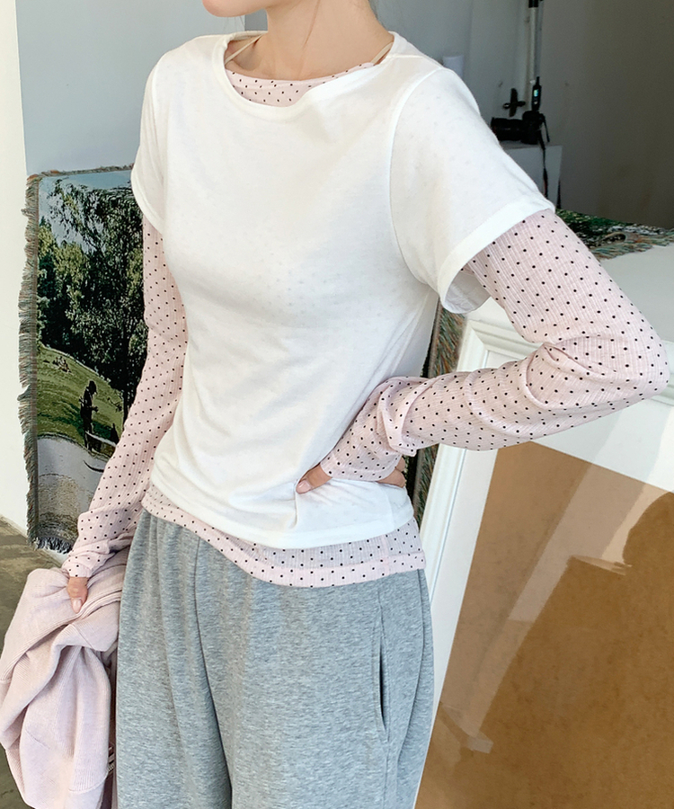 【SET】ドット長袖Ｔシャツ＋シンプル半袖Ｔシャツ IVORY