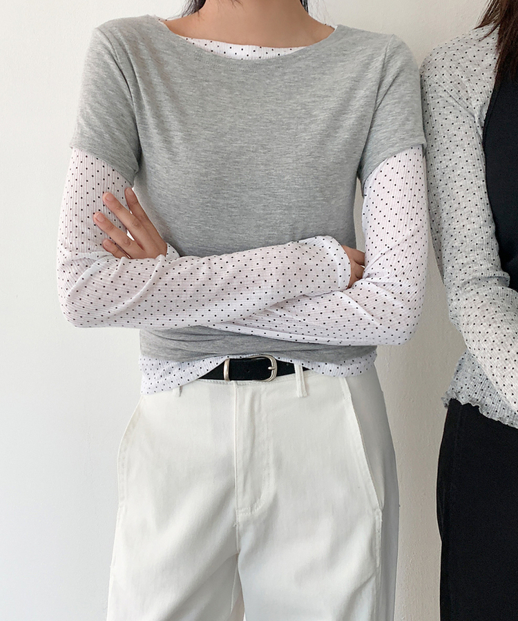 【SET】ドット長袖Ｔシャツ＋シンプル半袖Ｔシャツ MELANGE GRAY
