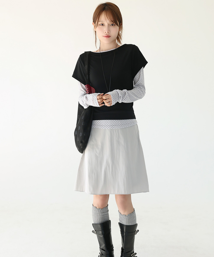 【SET】ドット長袖Ｔシャツ＋シンプル半袖Ｔシャツ BLACK