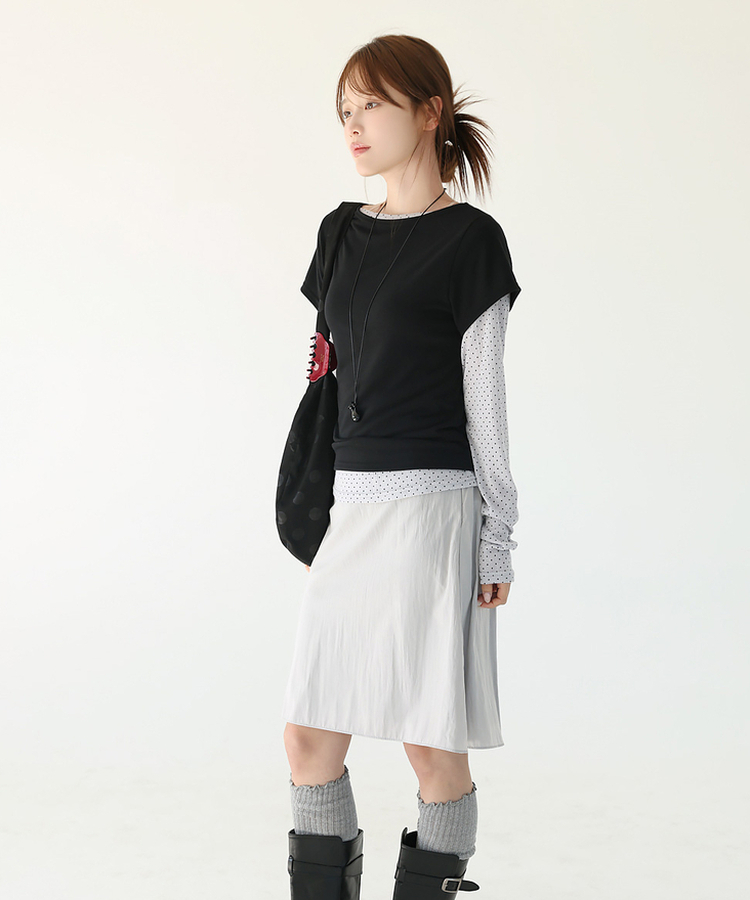 【SET】ドット長袖Ｔシャツ＋シンプル半袖Ｔシャツ BLACK