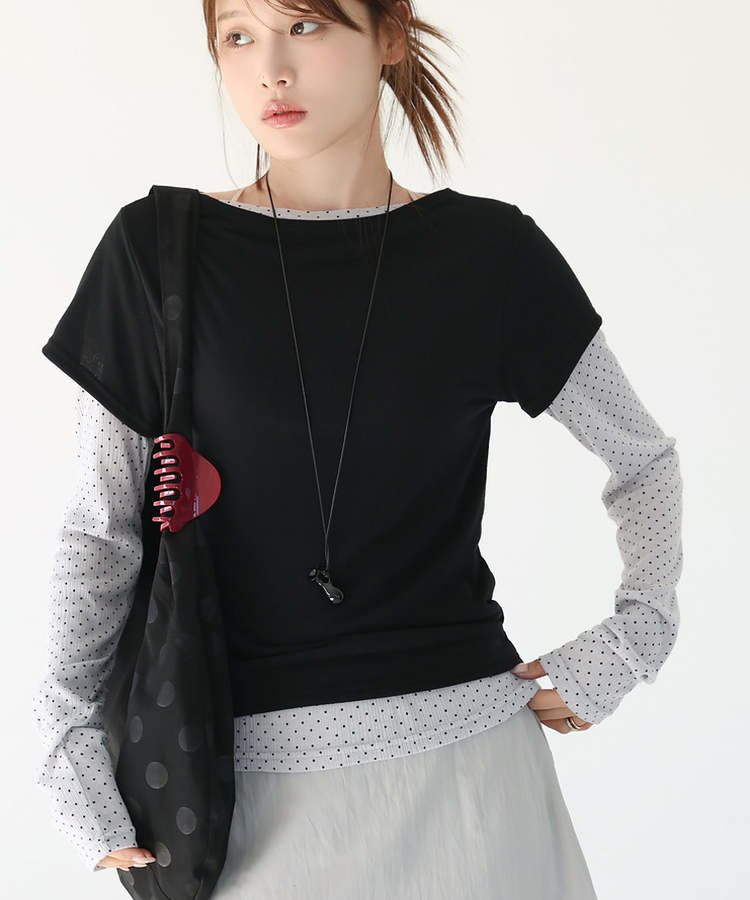 【SET】ドット長袖Ｔシャツ＋シンプル半袖Ｔシャツ BLACK