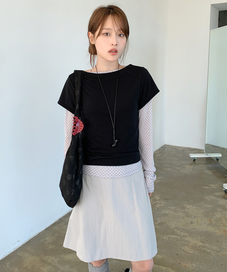 【SET】ドット長袖Ｔシャツ＋シンプル半袖Ｔシャツ BLACK