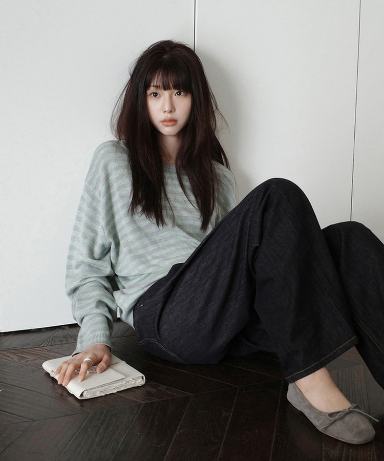 ラウンドストライプトップス GREY