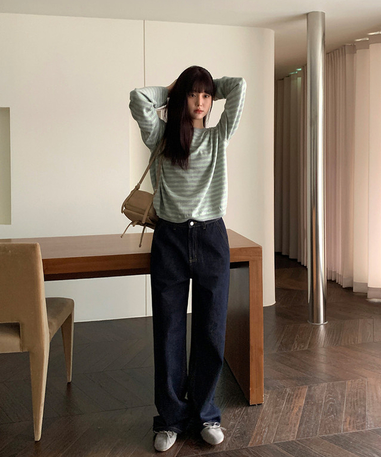 ラウンドストライプトップス GREY