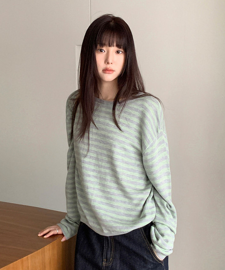 ラウンドストライプトップス GREY