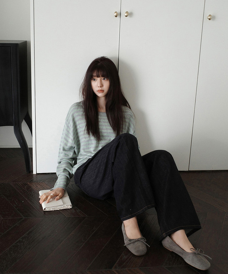 ラウンドストライプトップス GREY