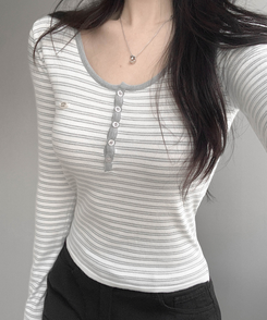 ストライプボタントップス GRAY