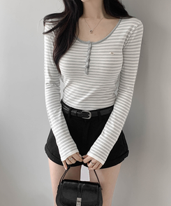 ストライプボタントップス GRAY