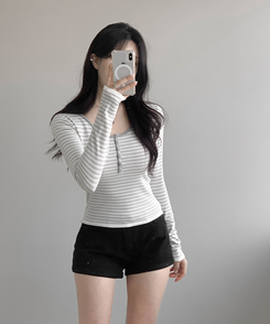 ストライプボタントップス GRAY