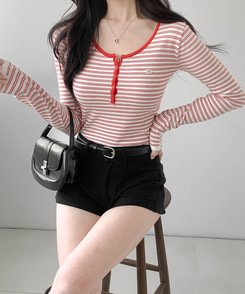 ストライプボタントップス RED