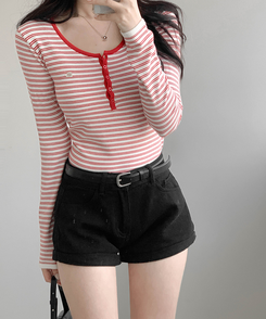 ストライプボタントップス RED