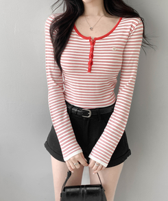 ストライプボタントップス RED