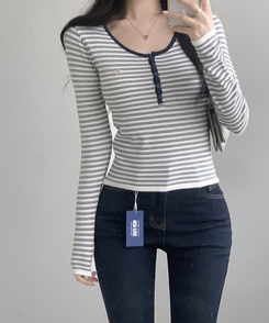 ストライプボタントップス NAVY