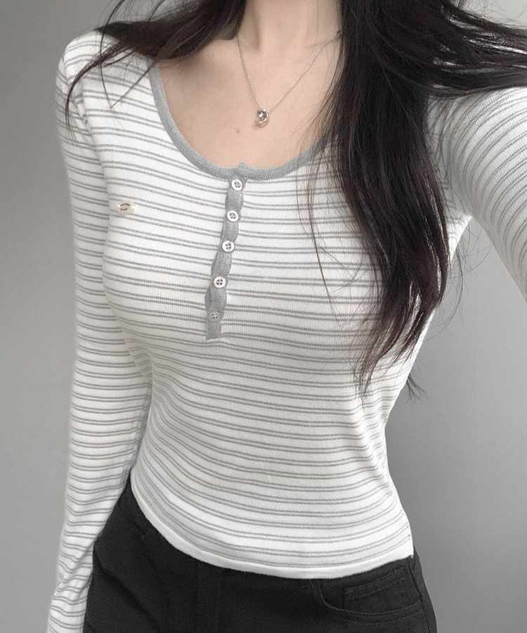 ストライプボタントップス GRAY