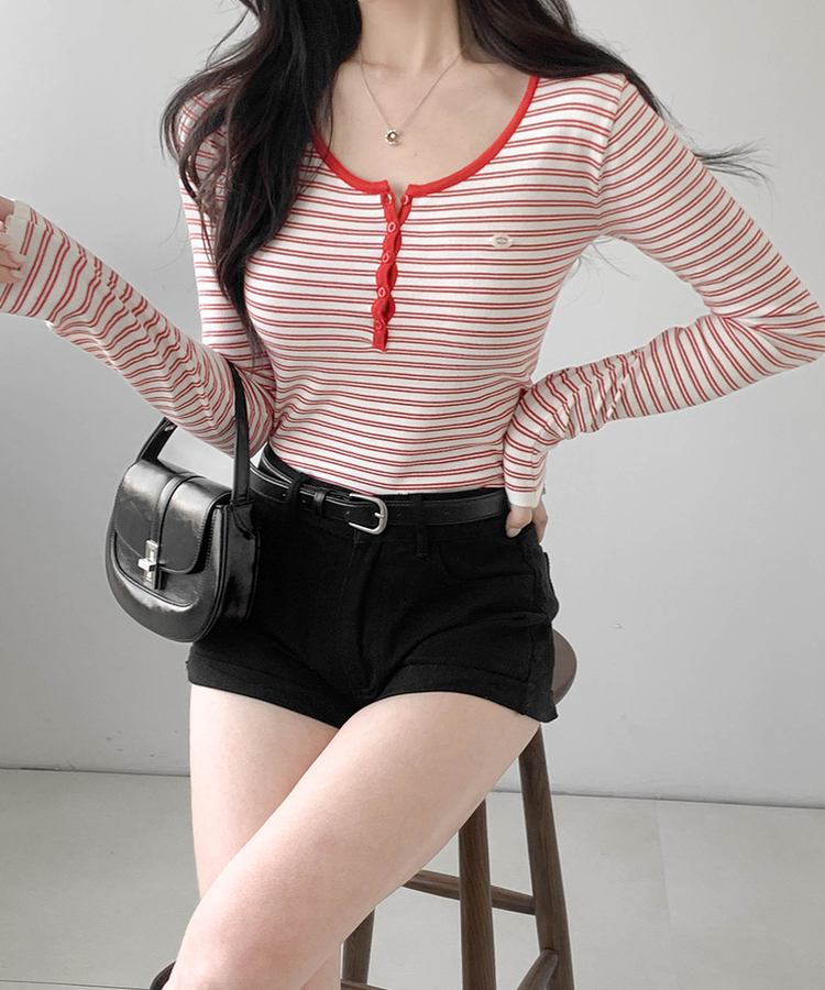 ストライプボタントップス RED