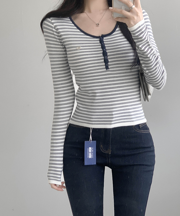 ストライプボタントップス NAVY