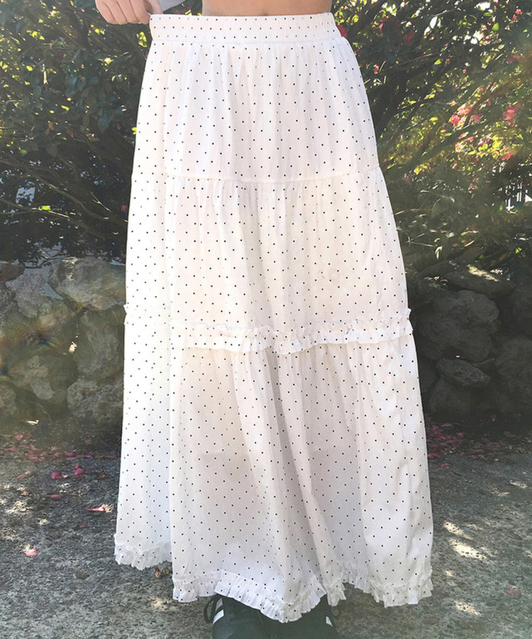 ドットフリルフレアロングスカート WHITE