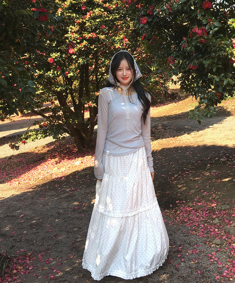 ドットフリルフレアロングスカート WHITE