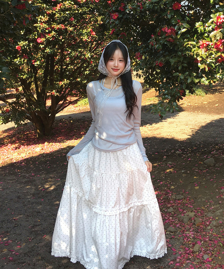 ドットフリルフレアロングスカート WHITE