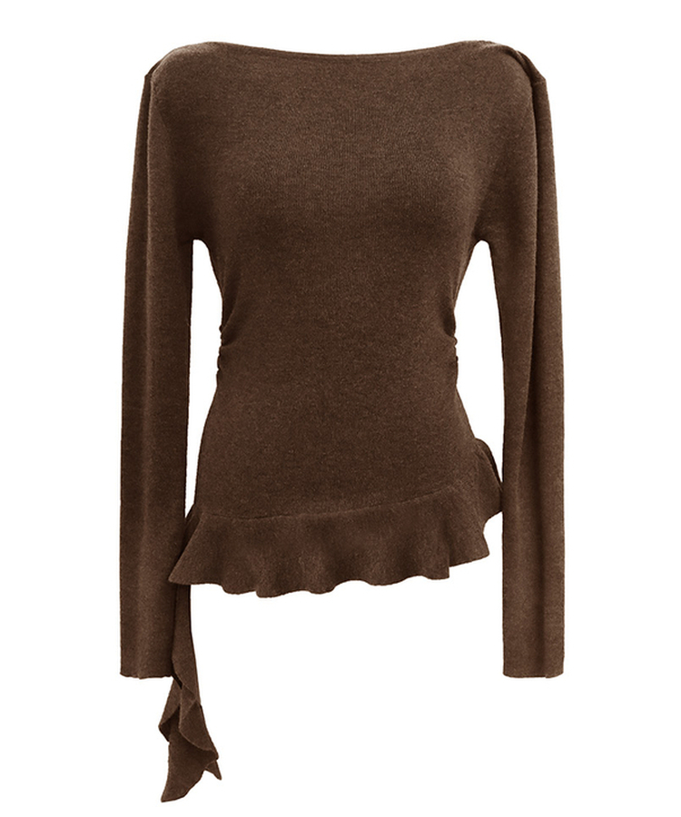 オフショルダーフリルシアリングニット