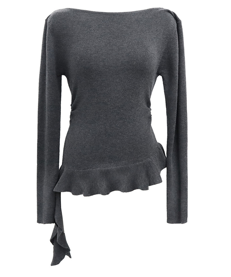 オフショルダーフリルシアリングニット