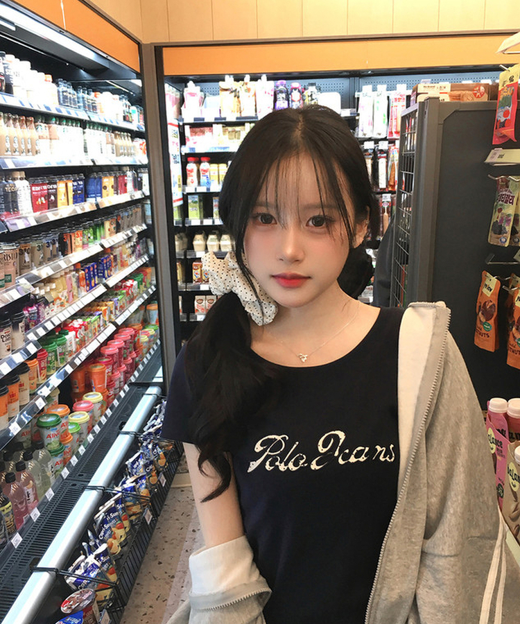 【シュシュ付き】ドット半袖Tシャツ NAVY