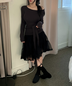 アンバランスレースティアードミディスカート BLACK