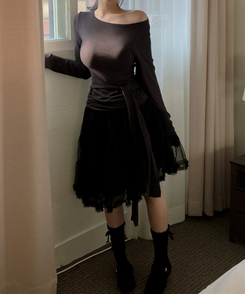 アンバランスレースティアードミディスカート BLACK