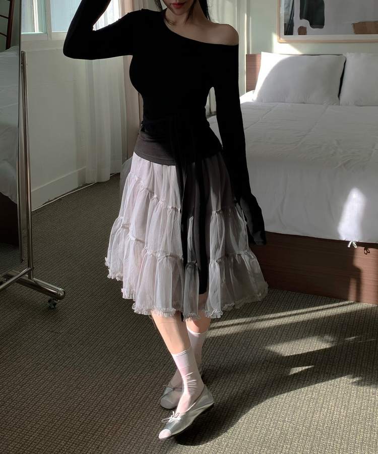 アンバランスレースティアードミディスカート GREY