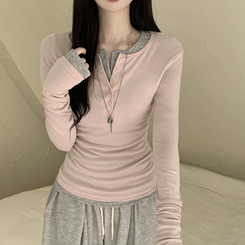 レイヤードスリムボタンスパン長袖Tシャツ(6color) PINK