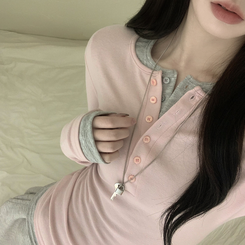 レイヤードスリムボタンスパン長袖Tシャツ(6color) PINK