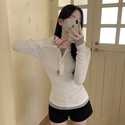 レイヤードスリムボタンスパン長袖Tシャツ(6color) IVORY